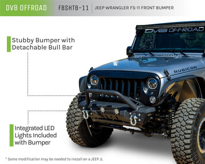 DV8 Offroad 07-18 Jeep Wrangler JK/JL FS-11 Stubby Mid Length Steel Front Bumper w/ Winch Plate