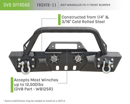 DV8 Offroad 07-18 Jeep Wrangler JK/JL FS-11 Stubby Mid Length Steel Front Bumper w/ Winch Plate